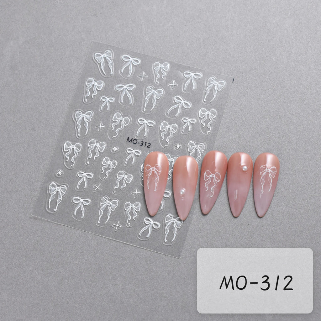 3D Bow Ribbon Nail Art Stickers — Sweet Pink & White