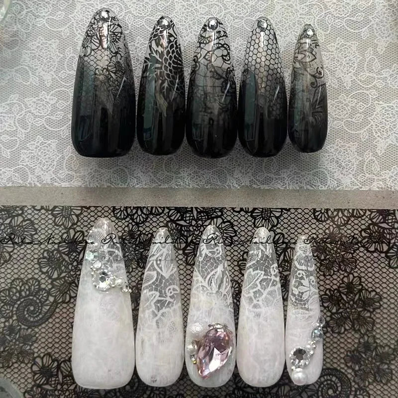 Black & White Lace Rose Nail Foil Stickers