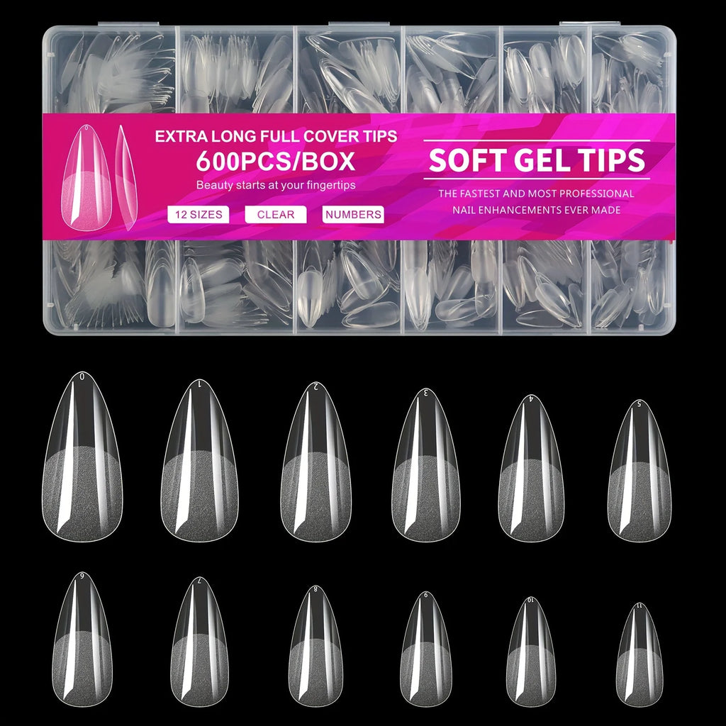 Gel Nail Tips for Extensions | Half Matte Clear Acrylic Full Cover (600 Pcs)