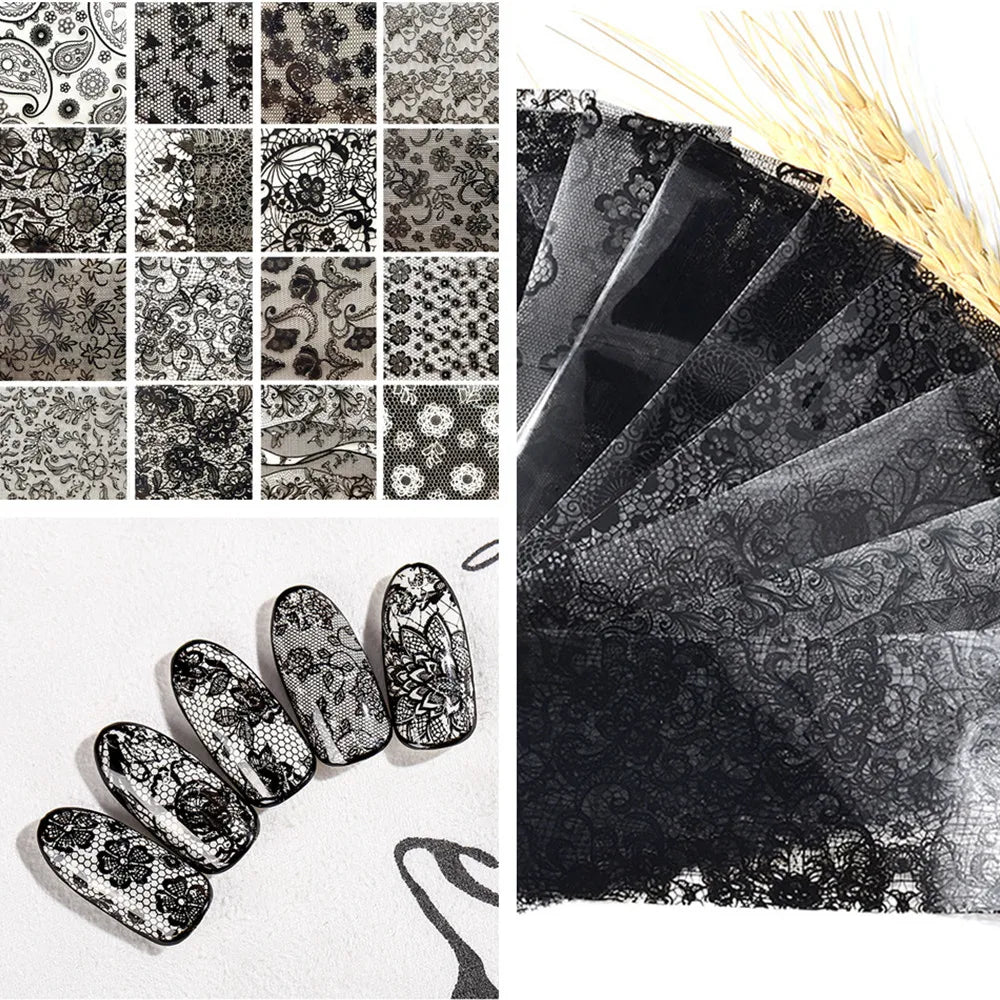 Black & White Lace Rose Nail Foil Stickers