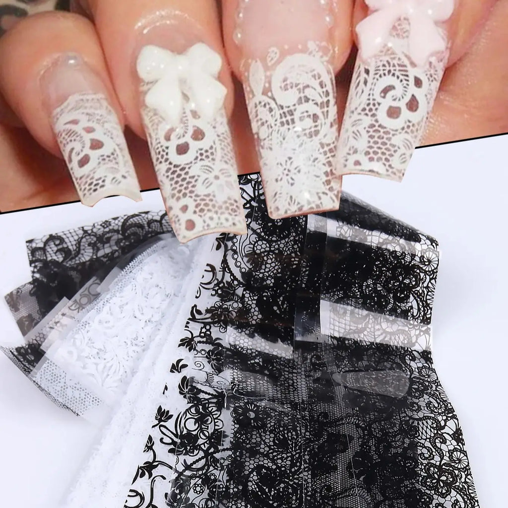Black & White Lace Nail Foil Transfer Stickers | 10 Sheets