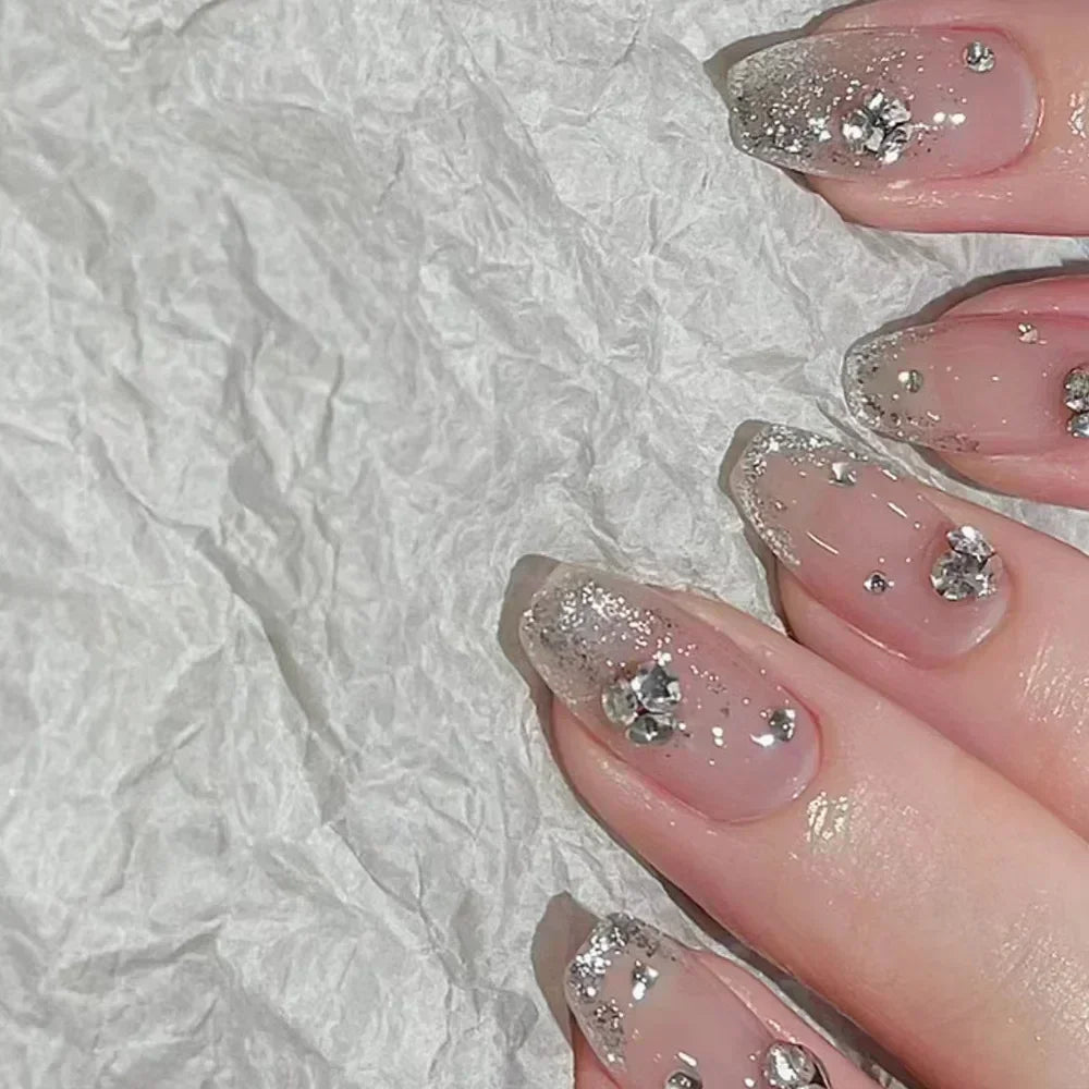 Glitter Diamond Press-On Nails | Short Square Full Cover (24 Pcs)