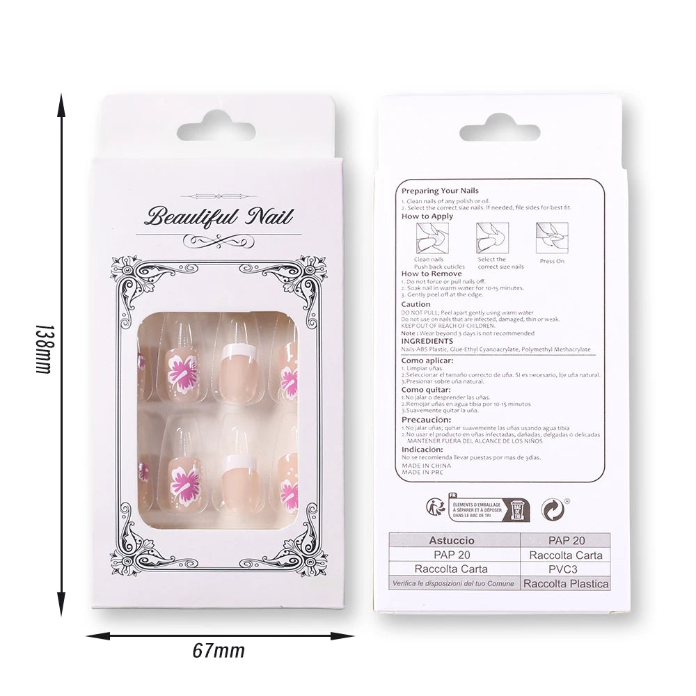 Flower Press-On Nails | White & Pink Short Square Full Cover (24 Pcs)