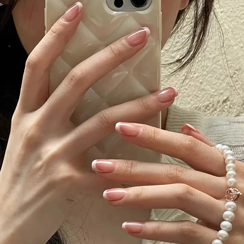 Handmade French Tip Press-On Nails | Minimalist Square Full Cover (24 Pcs)