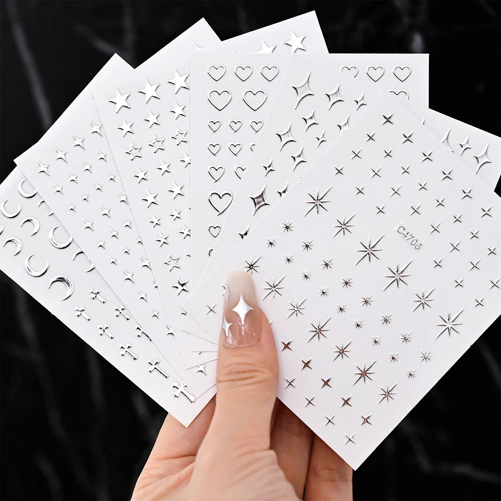 Metallic 3D Star & Chain Nail Art Stickers | Gold & Silver (6 Sheets)
