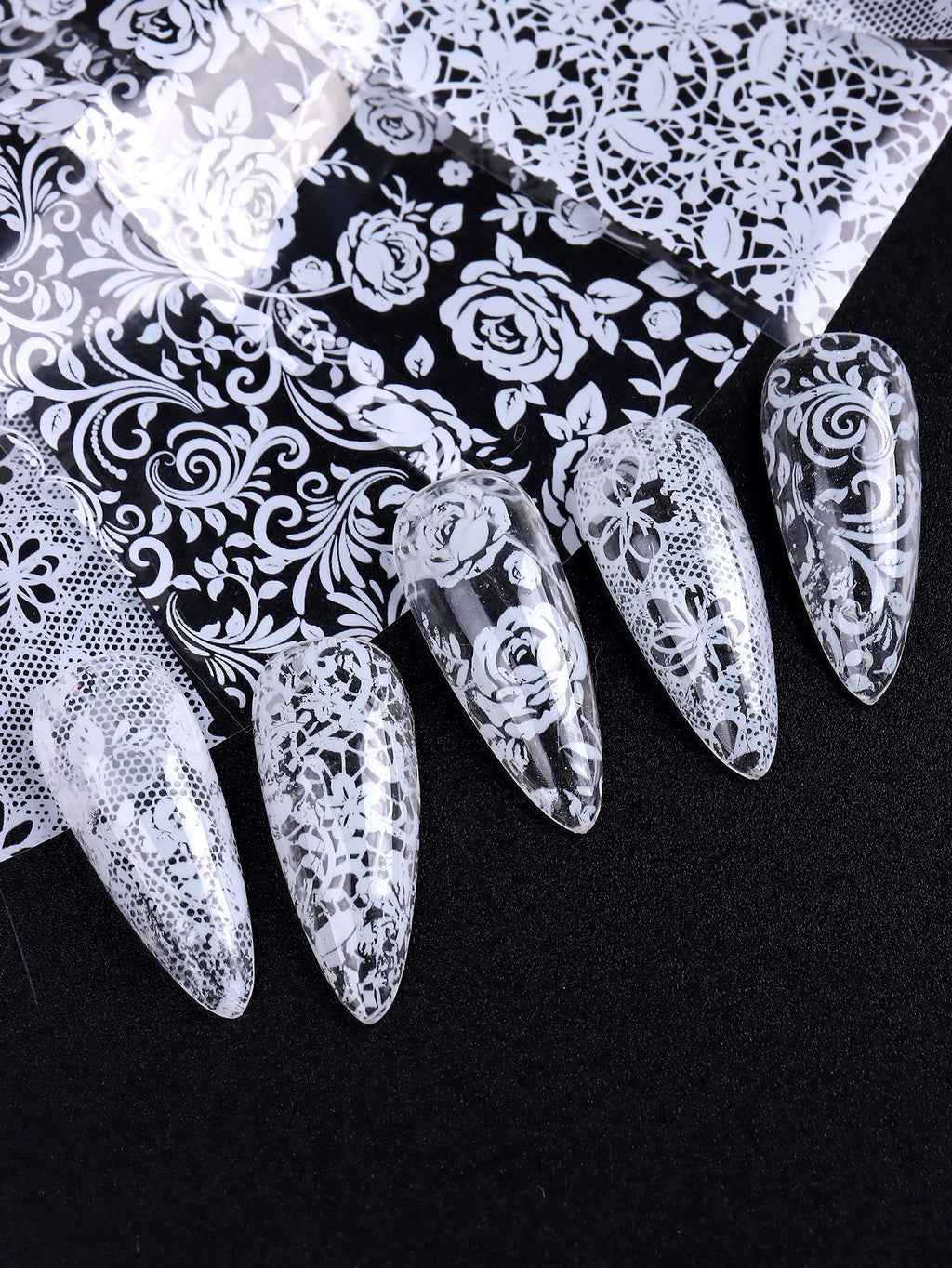 Black & White Lace Nail Foil Transfer Stickers | 10 Sheets