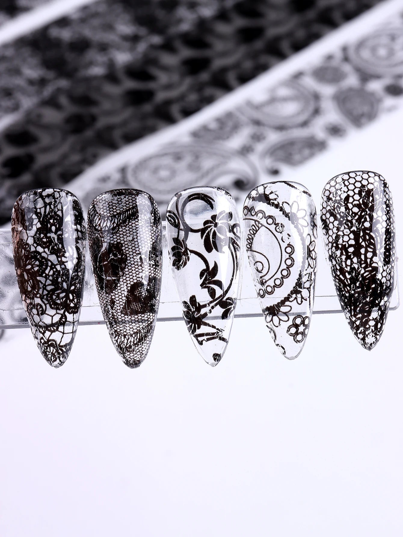 Black & White Lace Nail Foil Transfer Stickers | 10 Sheets