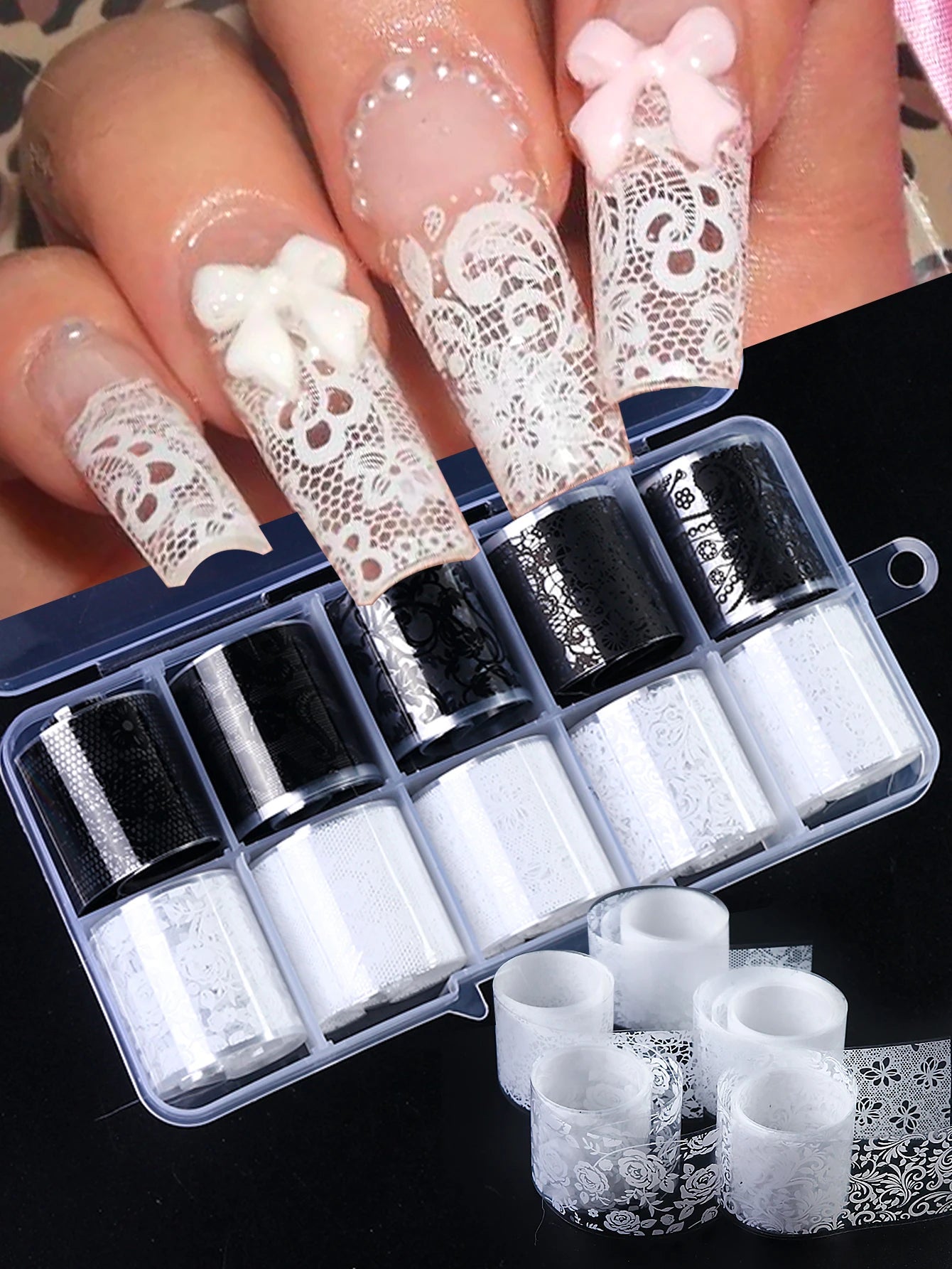 Black & White Lace Nail Foil Transfer Stickers | 10 Sheets