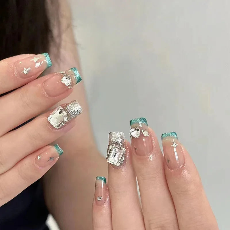 Glitter Diamond Press-On Nails | Short Square Full Cover (24 Pcs)