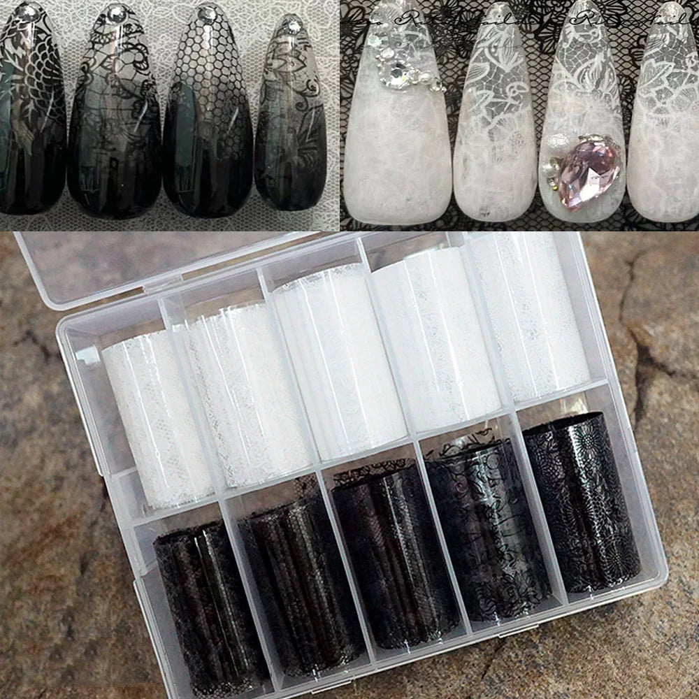 Black & White Lace Nail Transfer Foils (10 Rolls)