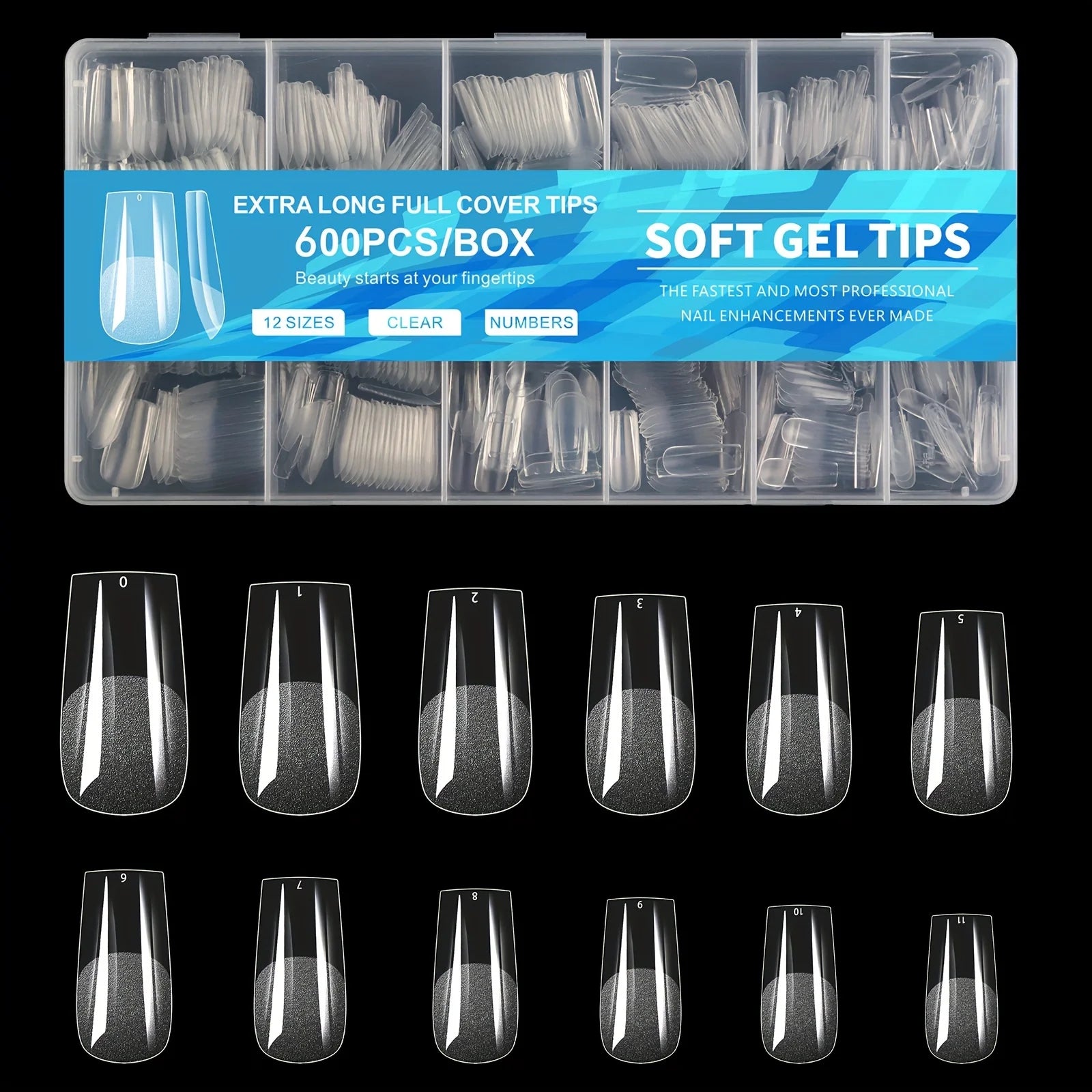 Gel Nail Tips for Extensions | Half Matte Clear Acrylic Full Cover (600 Pcs)