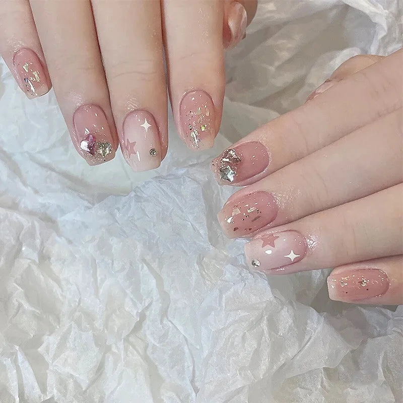 Glitter Diamond Press-On Nails | Short Square Full Cover (24 Pcs)