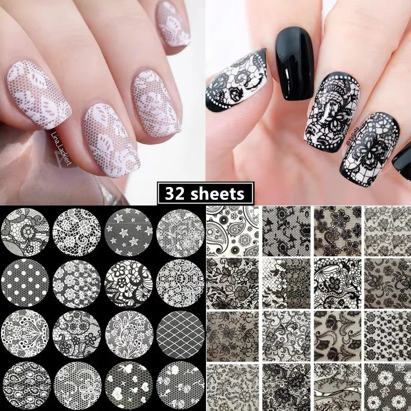 Black & White Lace Rose Nail Foil Stickers