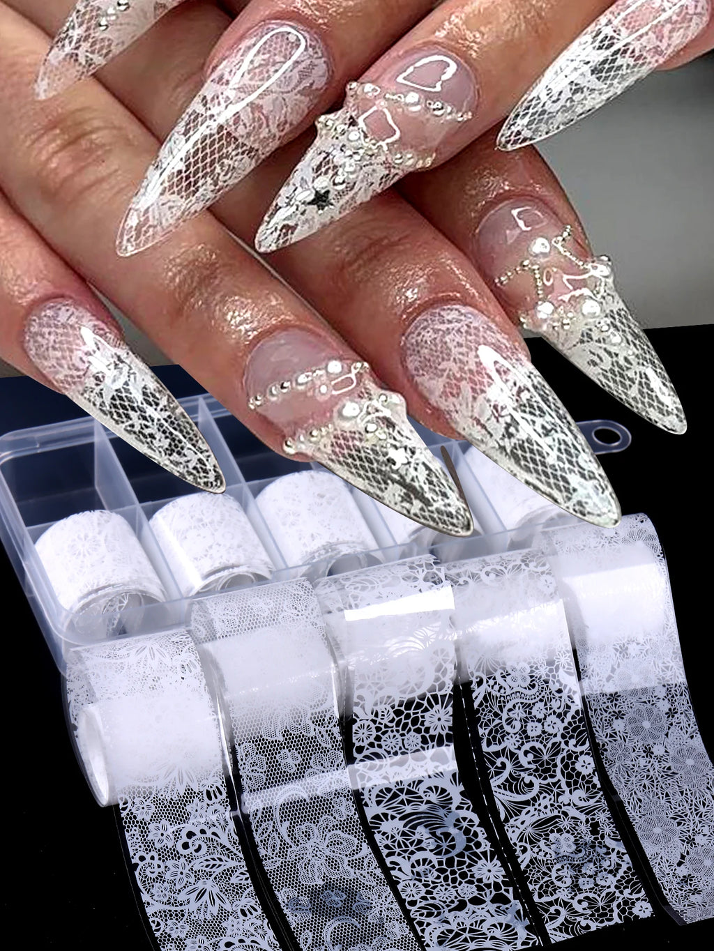 Black & White Lace Nail Foil Transfer Stickers | 10 Sheets