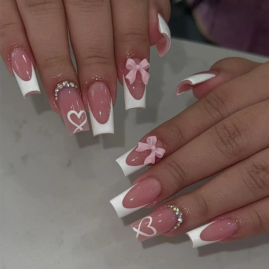 White French Press-On Nails with 3D Bowknot (24 Pcs)