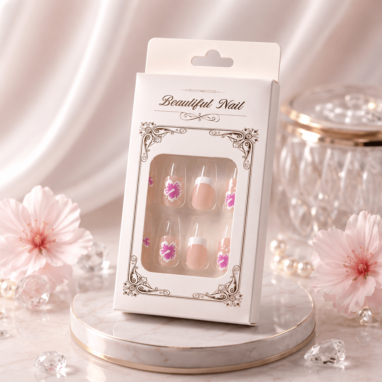 Flower Press-On Nails | White & Pink Short Square Full Cover (24 Pcs)